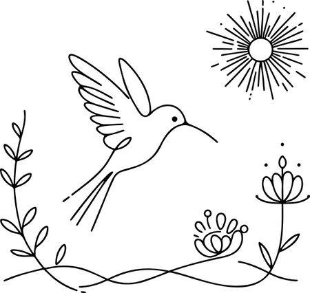 Minimalist Line Art of a Hummingbird Flying Towards the Sunのイラスト素材