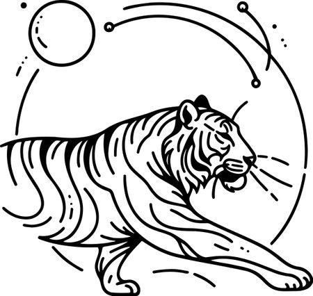 Minimalist Line Drawing of Tiger Under Moonlightのイラスト素材