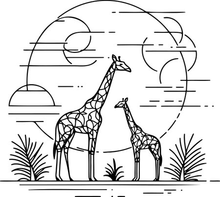 Minimalist Line Art of Two Giraffes Silhouetted Against the Moonのイラスト素材