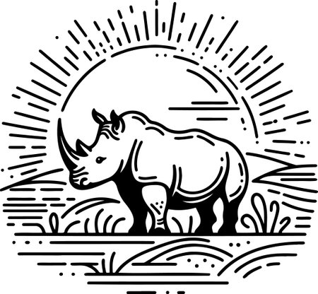 Rhino Standing in Grass with Sunburst in Line Art Styleのイラスト素材