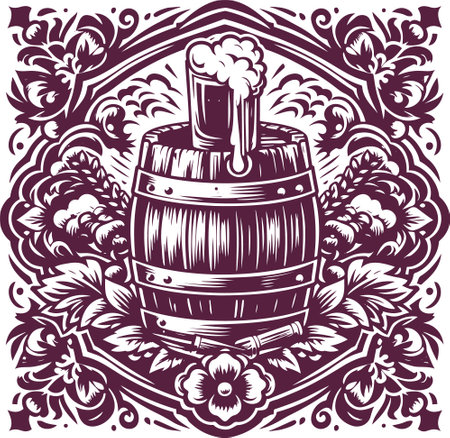 Vintage Beer Barrel with Mug in Ornate Decorative Styleのイラスト素材