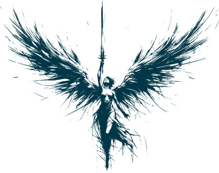 Abstract female angel figure with sword in dynamic brush stroke styleのイラスト素材