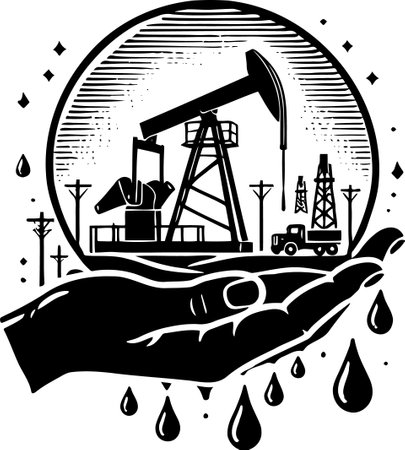Detailed Black and White Illustration of Oil Extraction Scene with Oil Pumpjack Truckのイラスト素材