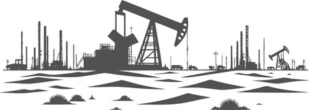 Oil Extraction and Refinery Silhouette in Technical Styleのイラスト素材