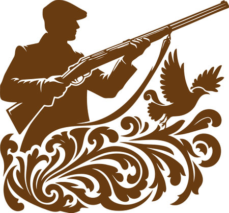 Hunter Silhouette with Rifle and Bird in Ornate Decorative Styleのイラスト素材