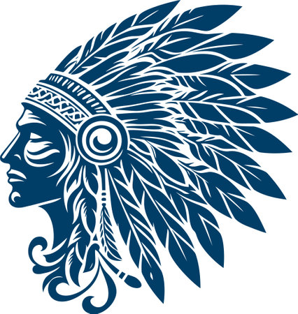 Profile of a Native American Chief in Detailed Blue Silhouette Styleのイラスト素材