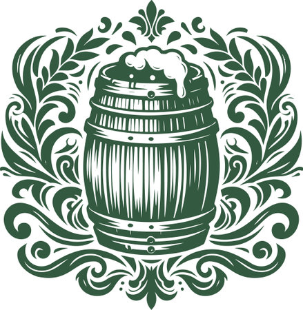 Wooden Barrel with Overflowing Foam and Ornate Floral Patterns in Vector Artのイラスト素材