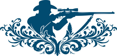 Silhouette of a Cowboy Aiming a Rifle with Ornate Floral Design in Vector Art Styleのイラスト素材