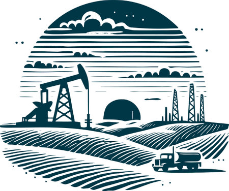 Silhouetted Oil Rig in a Rural Landscape at Sunsetのイラスト素材