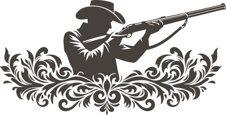 Silhouette of a Cowboy Aiming a Rifle with Ornate Floral Designのイラスト素材