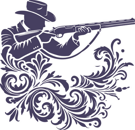 Silhouette of a Cowboy with Rifle in Ornate Floral Design Styleのイラスト素材