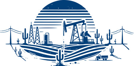 Oil Extraction in Desert Landscape Technical Illustration Styleのイラスト素材