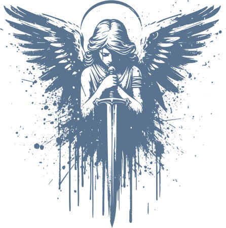 Dramatic Navy Angel Warrior with Sword Grunge Artのイラスト素材