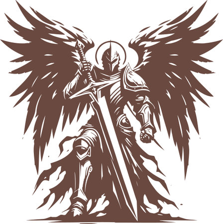Armored Angelic Warrior with Sword in Detailed Monochrome Illustrationのイラスト素材
