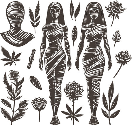 Abstract female mummified figures and plant elements in engraving styleのイラスト素材