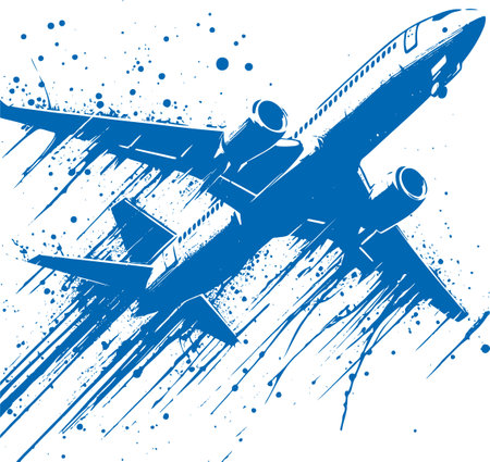Dynamic Blue Silhouette of a Jet Taking Off in a Splatter Ink Styleのイラスト素材