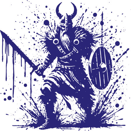 fearsome Viking warrior in a blue grunge ink illustrationのイラスト素材
