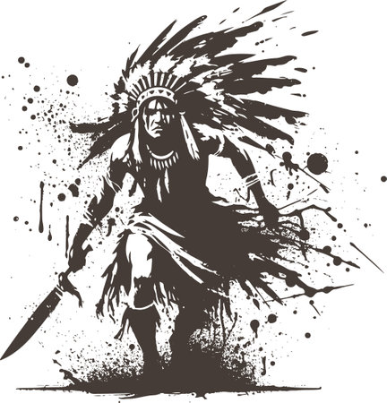 Native American Warrior Silhouette Splatter Vector Illustration Designのイラスト素材