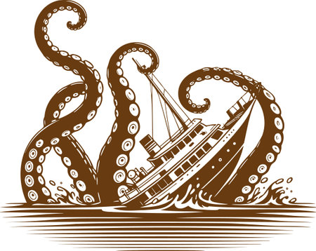 Giant Octopus Attacks Ship Vector Silhouette Designのイラスト素材