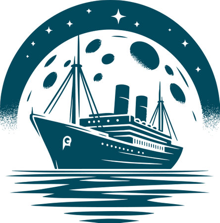 Vintage Ocean Liner Sailing Under Full Moon in Retro Styleのイラスト素材