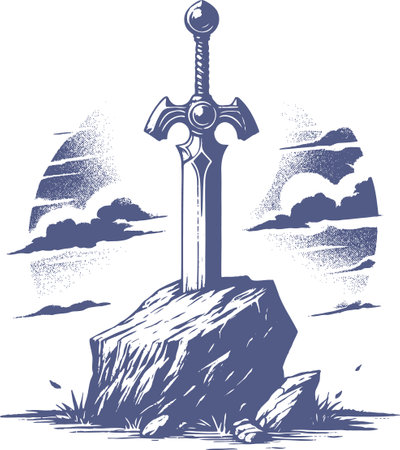 Sword Embedded in Rock with Vintage Engraving Styleのイラスト素材