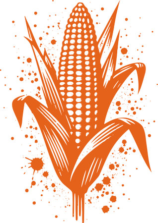 Corn Cob Illustration in Orange Ink Splatter Styleのイラスト素材
