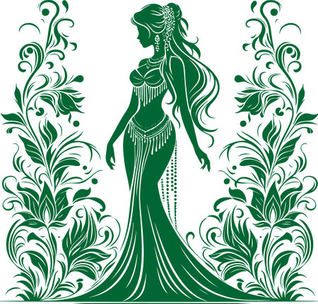 Elegant Silhouette of a Woman in Ornate Floral Design Vector Art Styleのイラスト素材