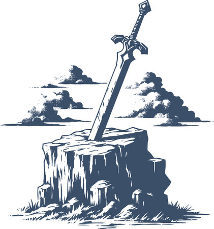 Sword Embedded in Rock with Clouds in Engraving Styleのイラスト素材