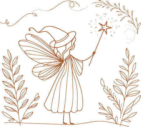 Fairy with Magic Wand in Line Art Styleのイラスト素材