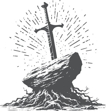 Sword Embedded in Rock with Radiating Lines in Monochrome Illustration Styleのイラスト素材