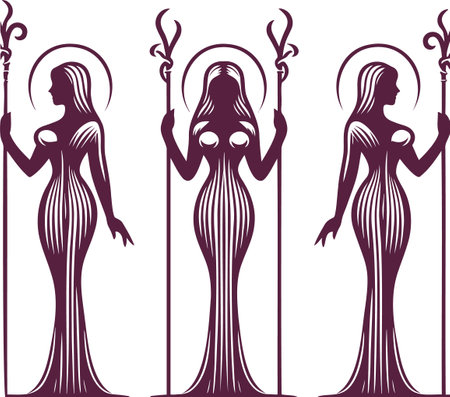 Three Stylized Female Figures with Staffs in Art Nouveau Styleのイラスト素材
