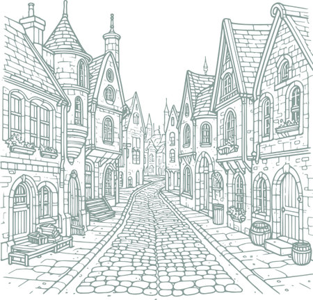 Medieval Cobblestone Street with Detailed Architectural Line Artのイラスト素材