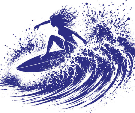 Silhouette of a Surfer Riding a Wave in Splash Art Styleのイラスト素材