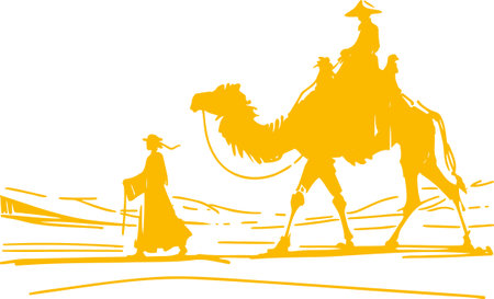 Silhouette of a Camel Caravan in Minimalist Desert Art Styleのイラスト素材