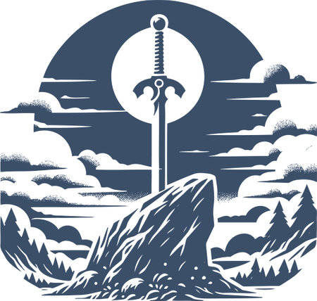 Sword in Stone with Scenic Background in Vintage Styleのイラスト素材