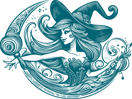 Enchanting Witch with Crescent Moon in Detailed Line Artのイラスト素材