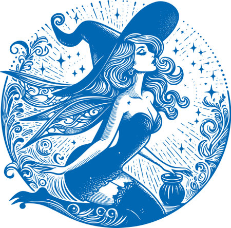Enchanting Witch in Detailed Blue Engraving Styleのイラスト素材