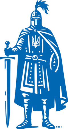 Blue Silhouette of Armored Knight Holding Sword in Stylized Graphic Artのイラスト素材