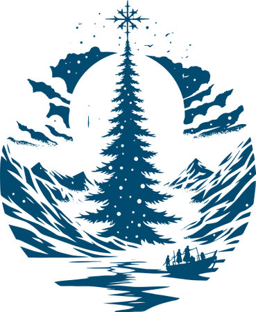 Silhouette of a Christmas Tree with Boat in Winter Landscapeのイラスト素材