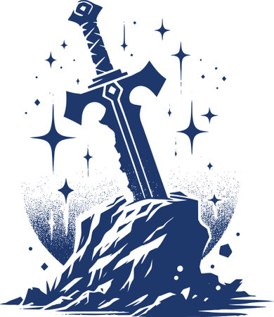 Sword Embedded in Rock with Magical Stars in Monochromatic Styleのイラスト素材