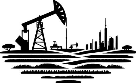 Oil Extraction and Refinery Silhouette in Technical Styleのイラスト素材