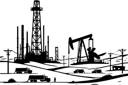 Oil Extraction and Refinery Silhouette in Industrial Landscapeのイラスト素材