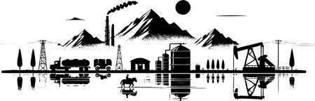 Industrial Landscape with Oil Extraction and Mountain Silhouette in Vector Art Styleのイラスト素材