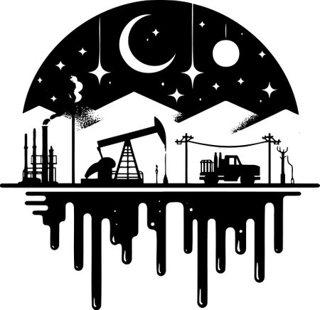 Oil Extraction Scene Under Night Sky in Silhouette Styleのイラスト素材