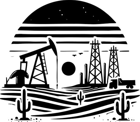 Oil Extraction in Desert Landscape, Silhouette Art Styleのイラスト素材