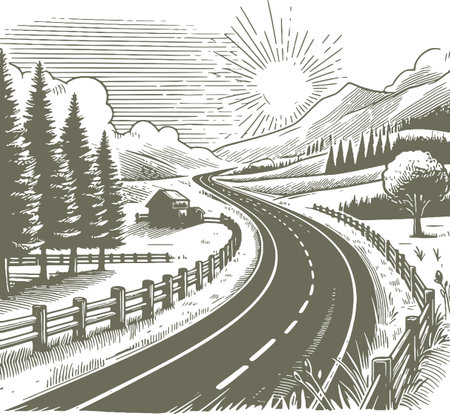 Winding Country Road Through a Sunlit Mountain Valleyのイラスト素材