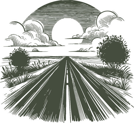 Straight Asphalt Road Vanishing into the Horizon Under a Vast Skyのイラスト素材