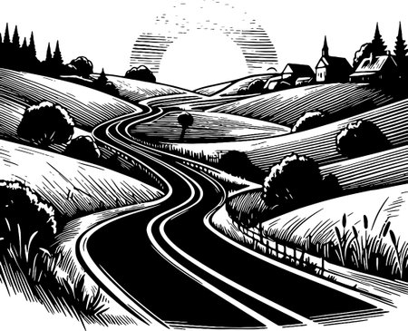 Winding Country Road Leading Through Rolling Hills Towards a Distant Villageのイラスト素材