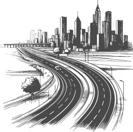 Winding Highway Leading to a Modern Metropolis Skylineのイラスト素材