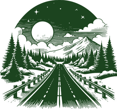 Winding Night Road Through a Mountainous Forest Under a Full Moonのイラスト素材